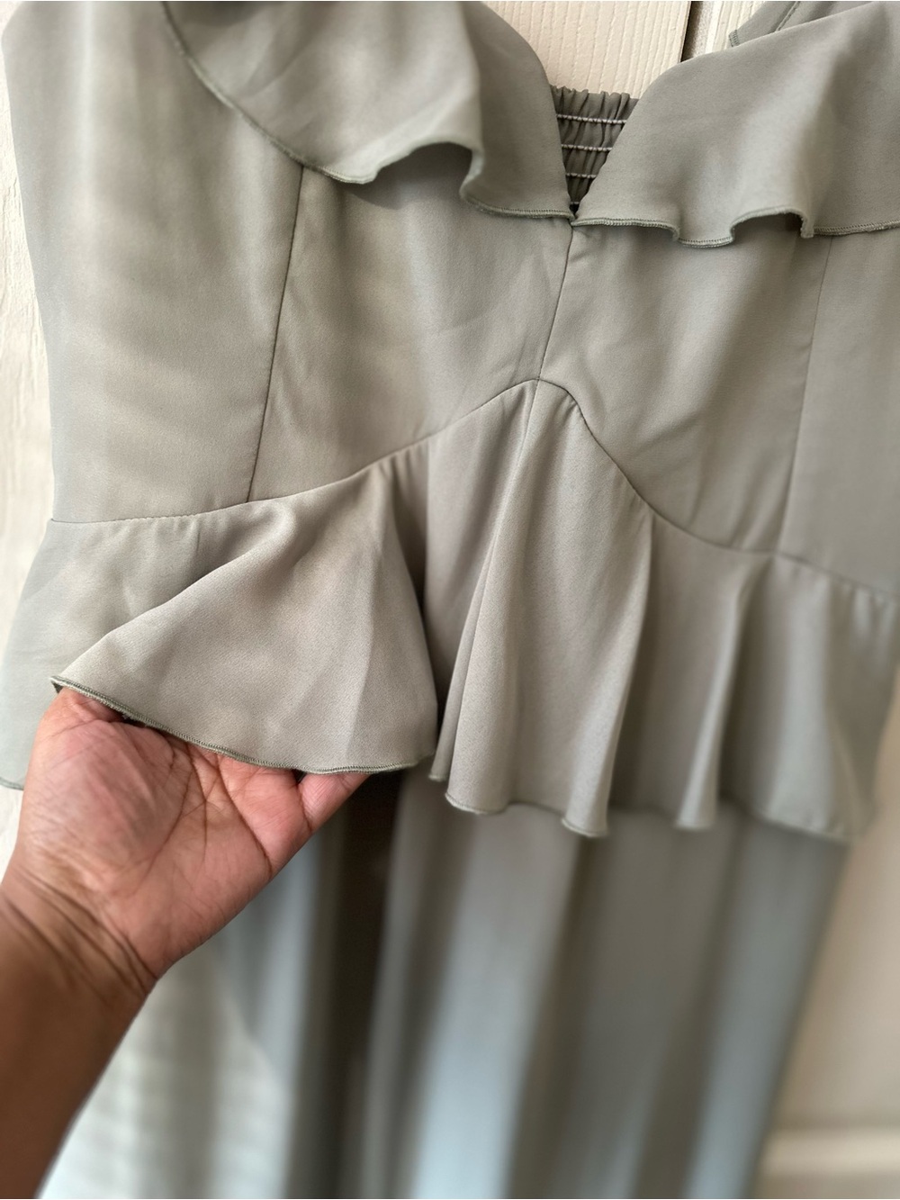 Show Me Your MuMu Paulina Peplum Olive Green Ruffle High-Low Maxi Dress Sz Large - Picture 6 of 10